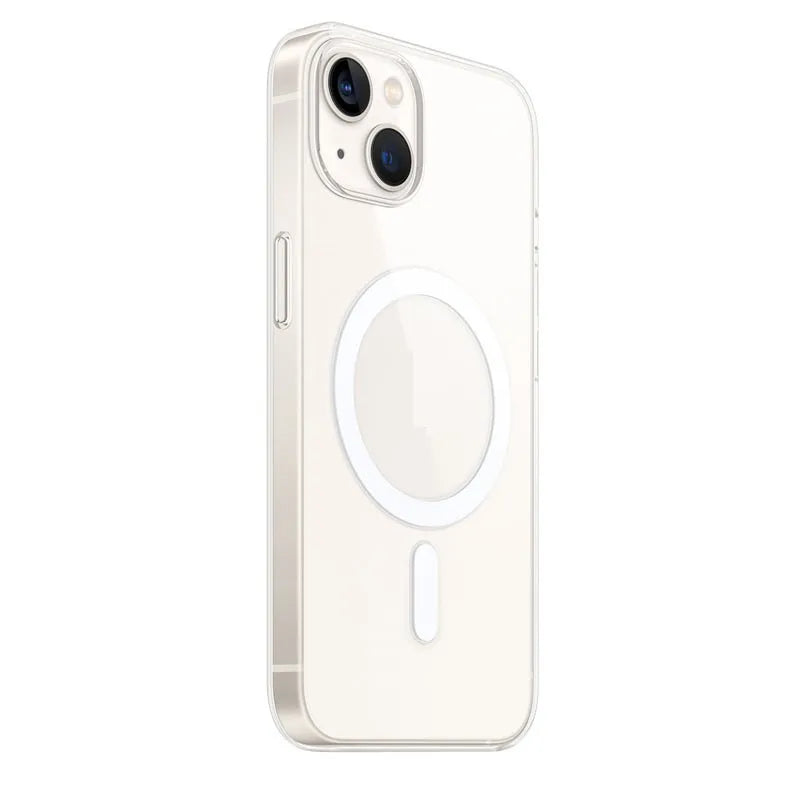 Clear magnetic hard case for iPhone showing integrated metal ring on transparent back