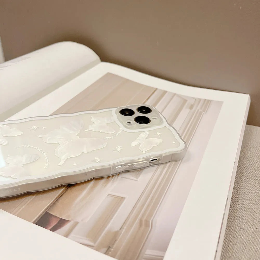 Simple butterfly transparent TPU phone case for iPhone 12-15, white crystal butterfly design