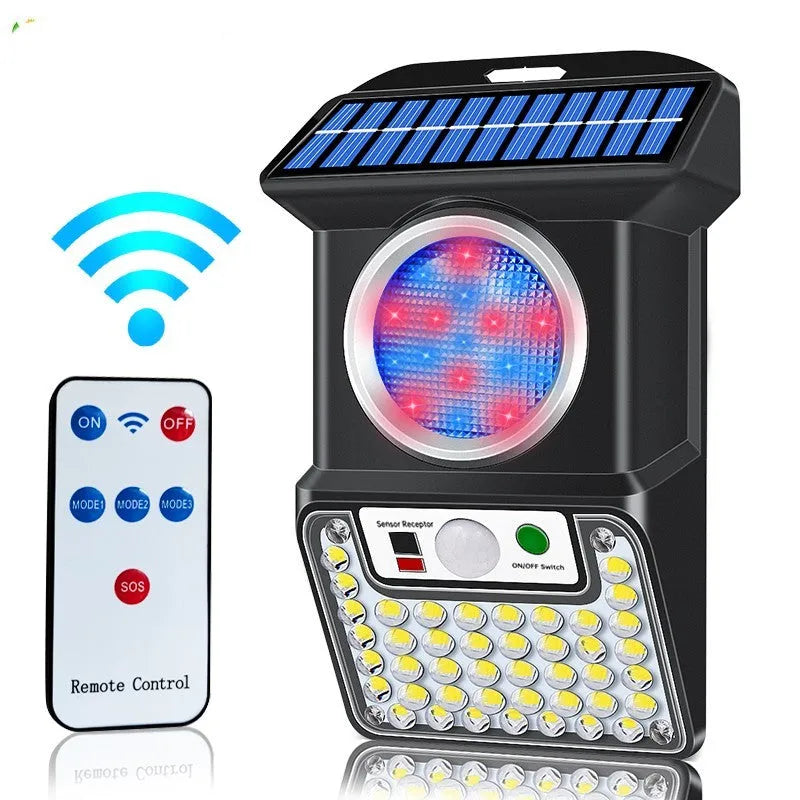 Outdoor solar wall light with 59 LEDs, black ABS+PC housing, IP65 waterproof, motion sensor with remote control