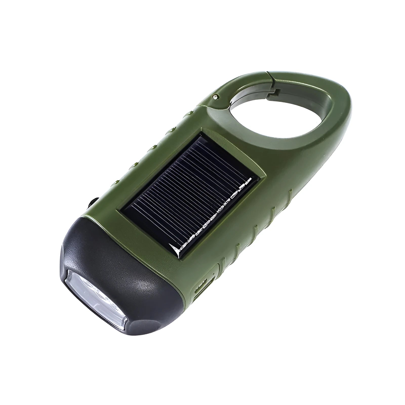 Hand-crank and solar powered olive green LED flashlight with USB charging port.