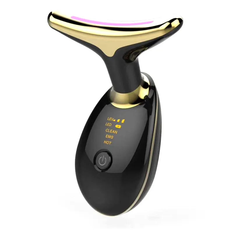 White EMS thermal neck lifting massager device with display screen, shown with USB cable and moisturiser.