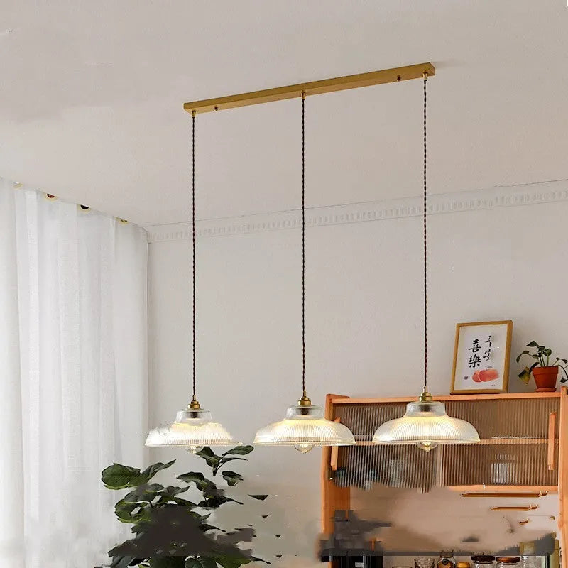 Japanese vintage brass glass fish chandelier with hot-bent lampshade in 31cm diameter