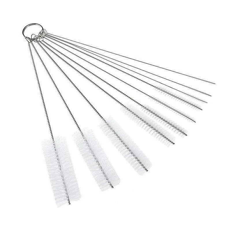 Set of long, thin stainless steel and nylon straw cleaning brushes for bottles.