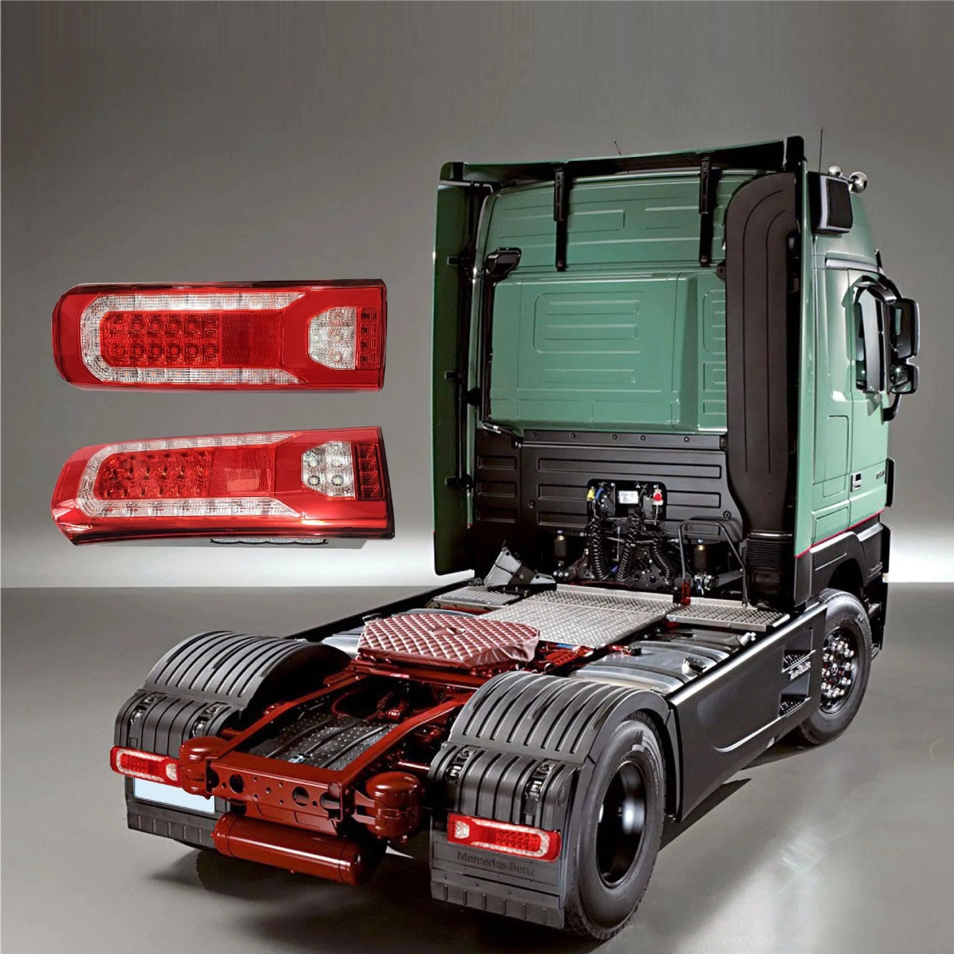 Mercedes-Benz heavy truck LED rear lamp assembly with running water light effect, 380mm by 128mm.