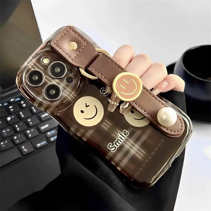 Brown leopard print silicone iPhone case with leather wristband, anti-fall, compatible with iPhone 11 to 15 Pro Max