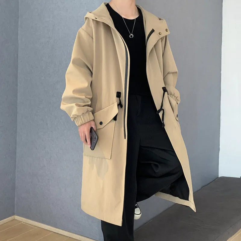 Loose autumn winter Japanese Korean style coat in khaki with visible patch pockets and relaxed fit