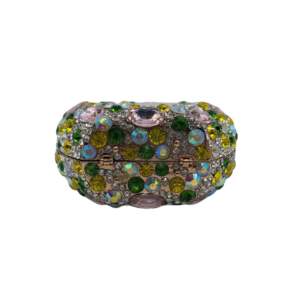 Women's hard alloy clutch with full diamond cover in golden colour with three-dimensional pocket