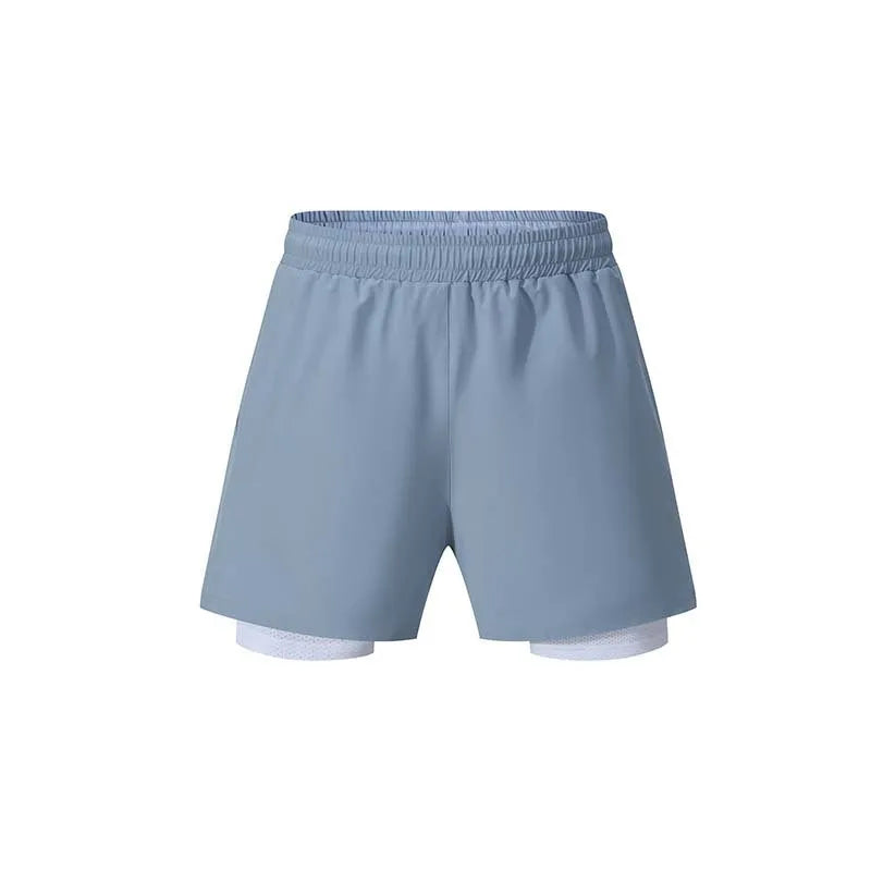 Men's double-layer sports shorts in black colour with mid-waist design for running activities