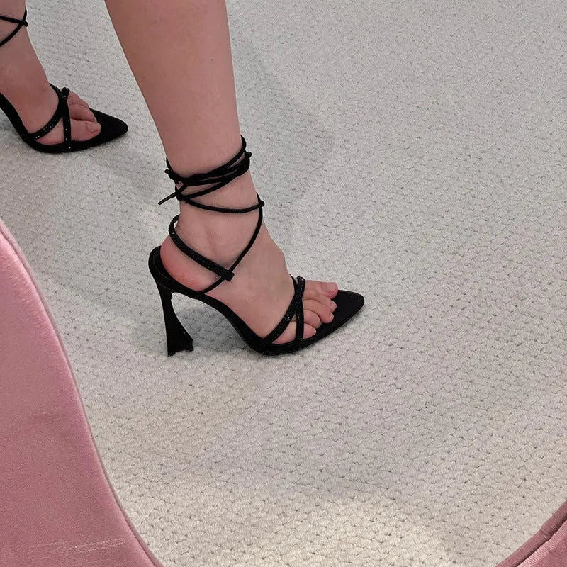 Black satin high heel sandals with 8cm stiletto heel and pointed toe design