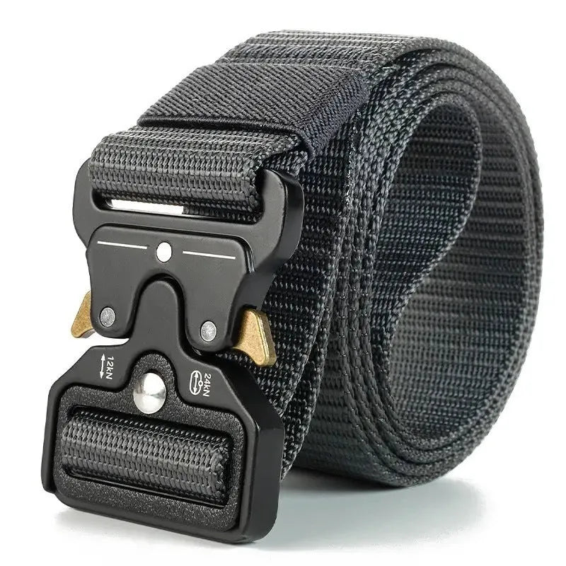 Men's canvas tactical belt with quick-release alloy buckle shown in Army Green colour, laid flat to show its 120cm length.