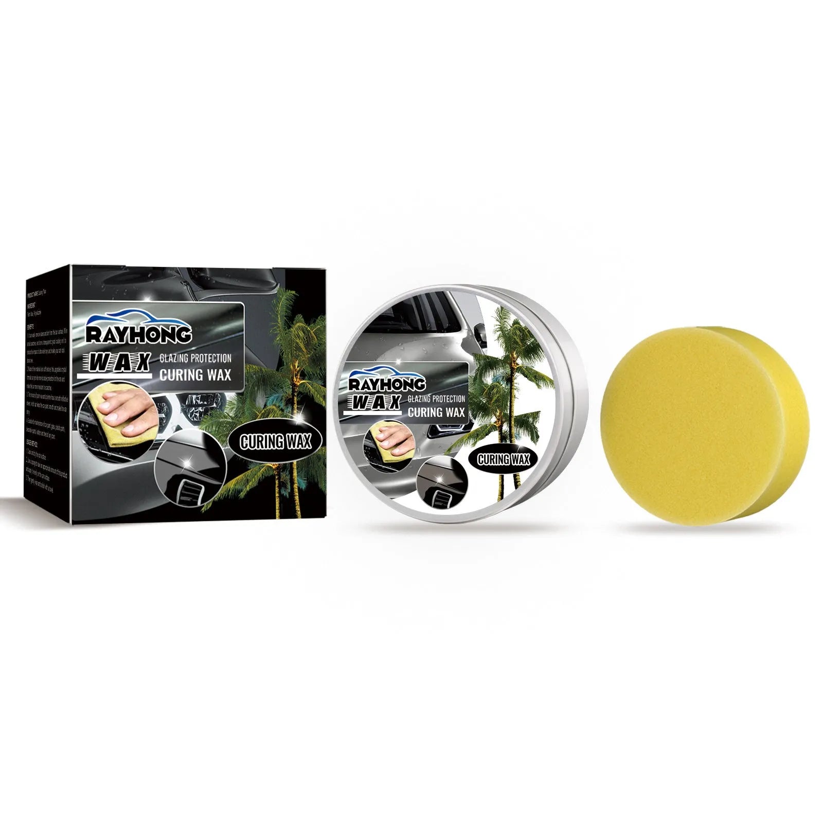 Car coating wax kit showing 100g tin and sponge applicator for vehicle paint protection