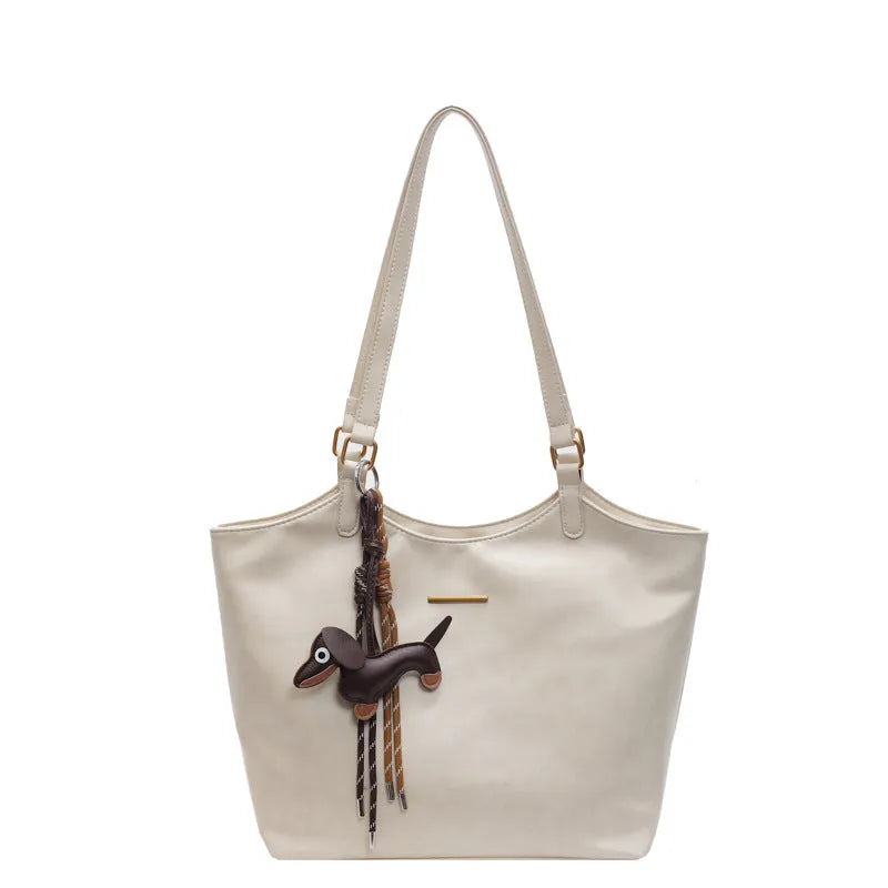 Retro fashion PU leather large capacity tote bag for women with zipper closure in beige colour