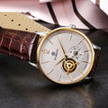 Automatic mechanical men's business watch with brown leather strap and stainless steel case