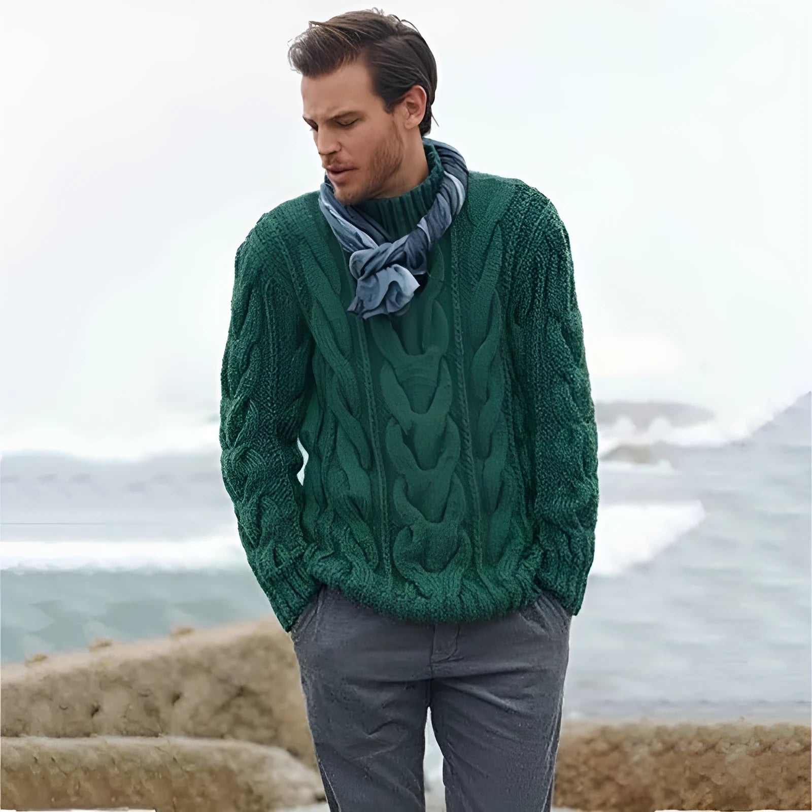Fashion Men's Long-sleeved Padded Pullover Sweater with twisted flower knit, round neck, in dark green colour.