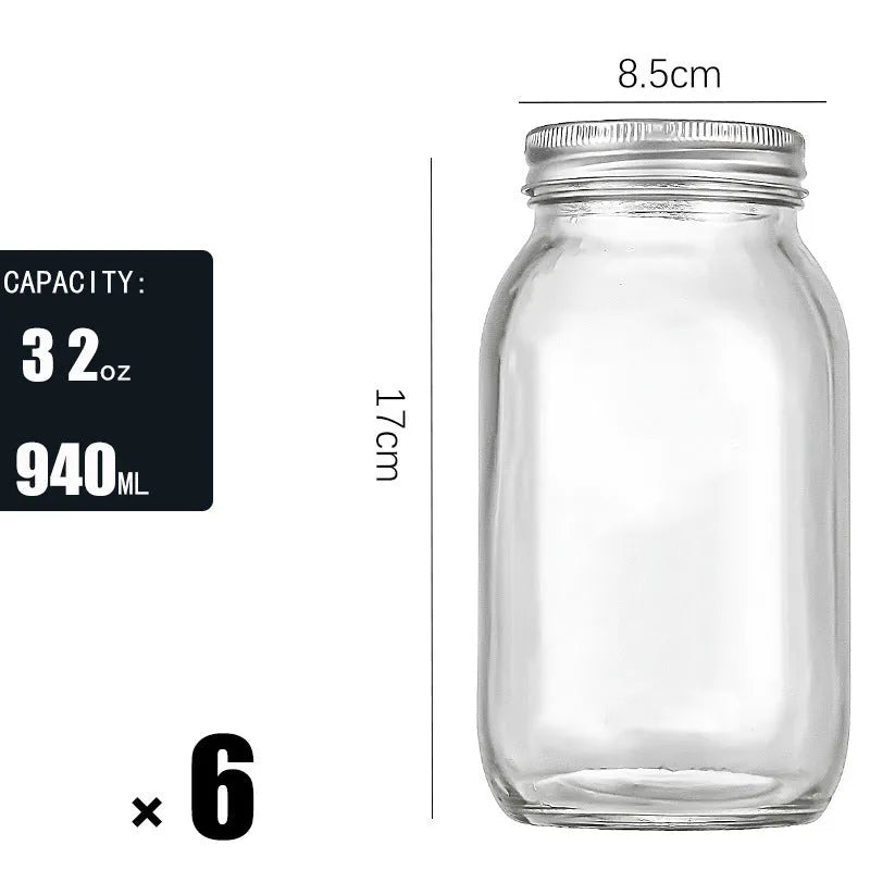 Six transparent 32oz glass storage bottles with airtight wide mouth and glossy finish