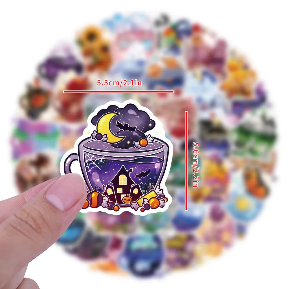 A pack of 50 colourful tea cup graffiti-style waterproof vinyl stickers on a sheet.