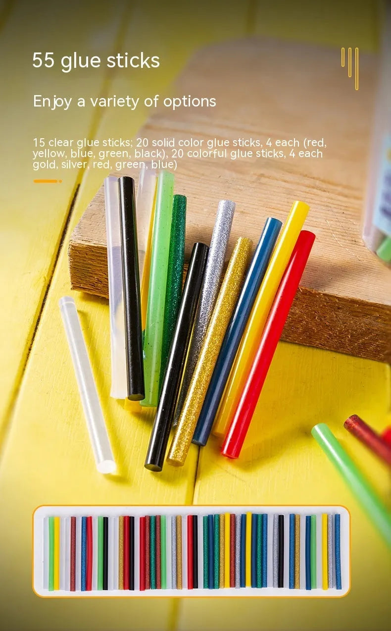Pack of 55 clear hot melt glue sticks with 7mm diameter next to a glue gun.