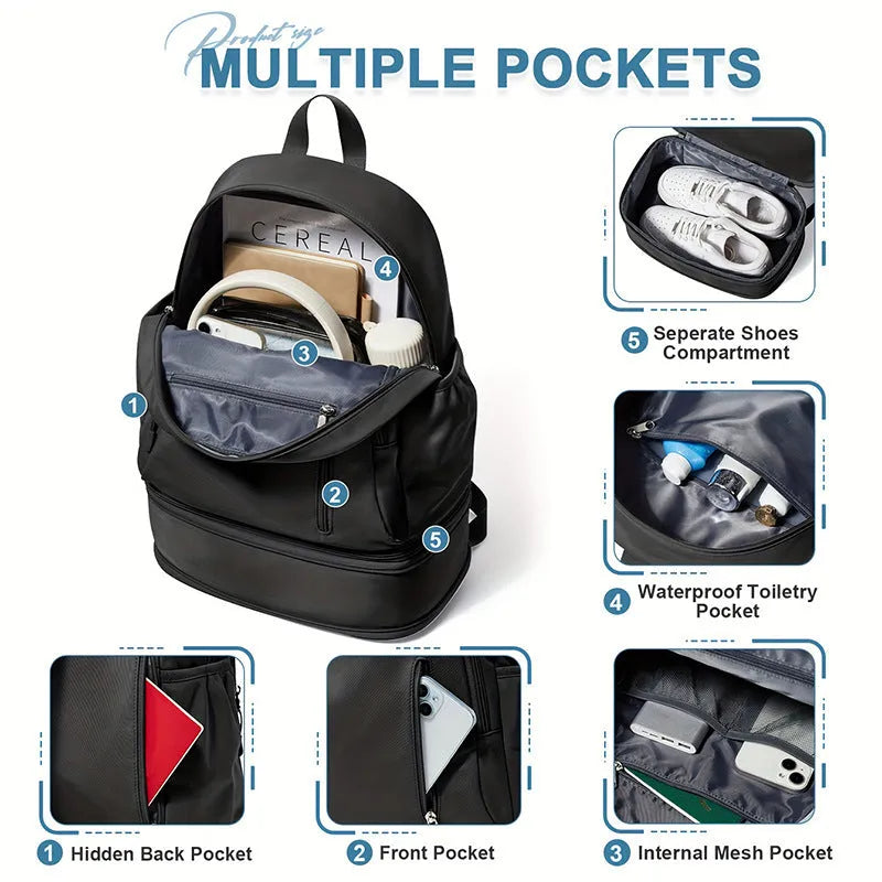Waterproof polyester travel backpack in black colour showing curved shoulder straps and contrast stitching details
