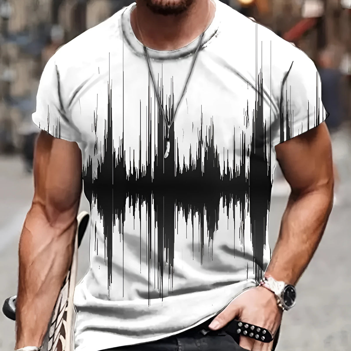 Men's short-sleeve T-shirt with natural landscape digital print and camouflage pattern in bird eye cloth polyester
