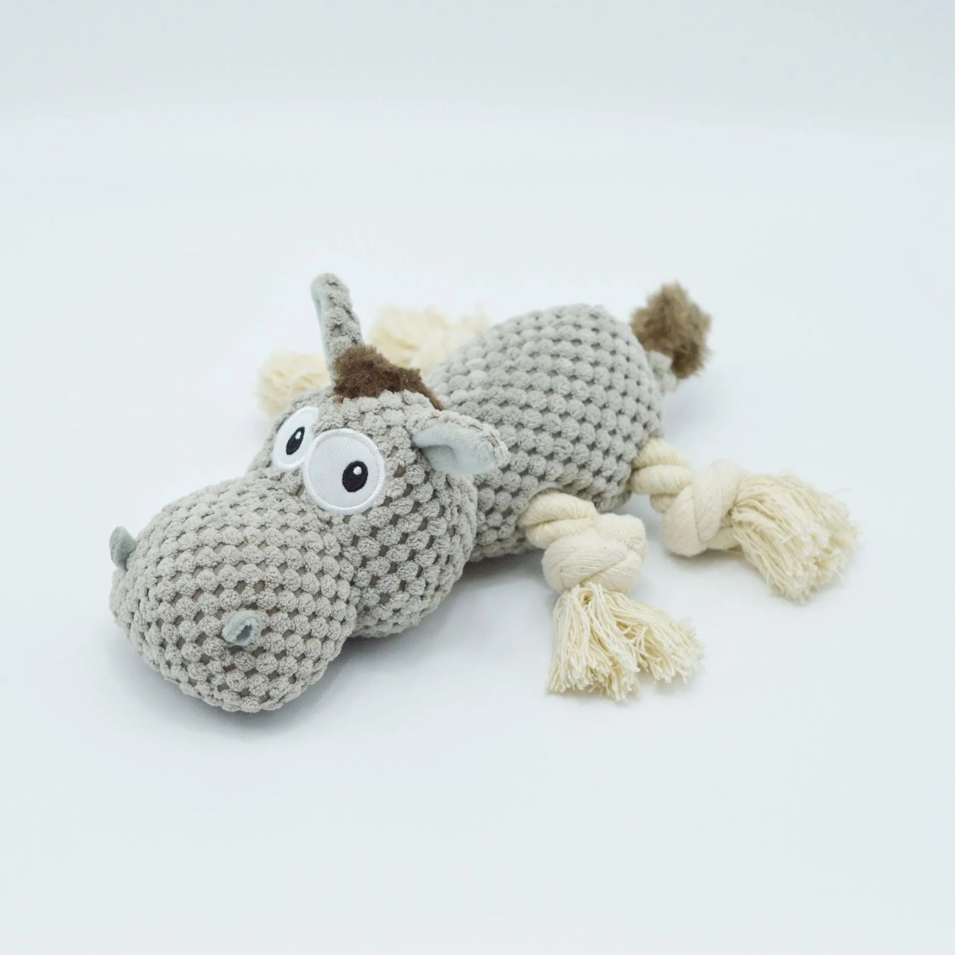 Grey donkey plush dog toy with creak sound mechanism, measuring 27 cm long