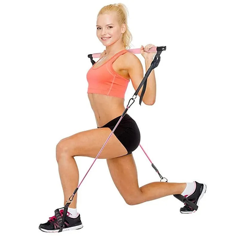 Women's rope stretch fitness stick 11-piece set showing pink, purple and black resistance sticks from 60 to 180 lbs