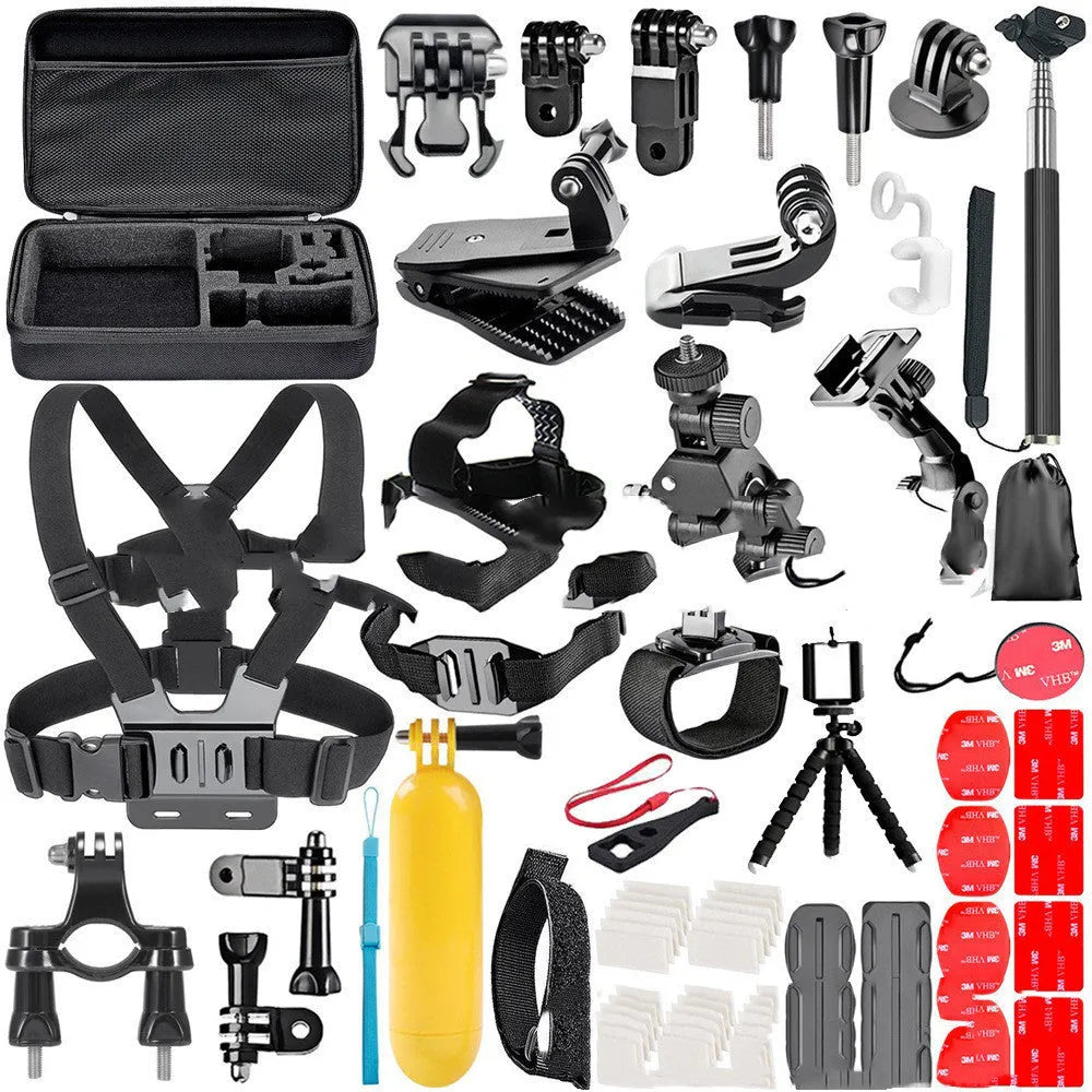 Black GoPro accessories set showing chest strap, helmet mount, mini tripod and iPhone holder for action filming
