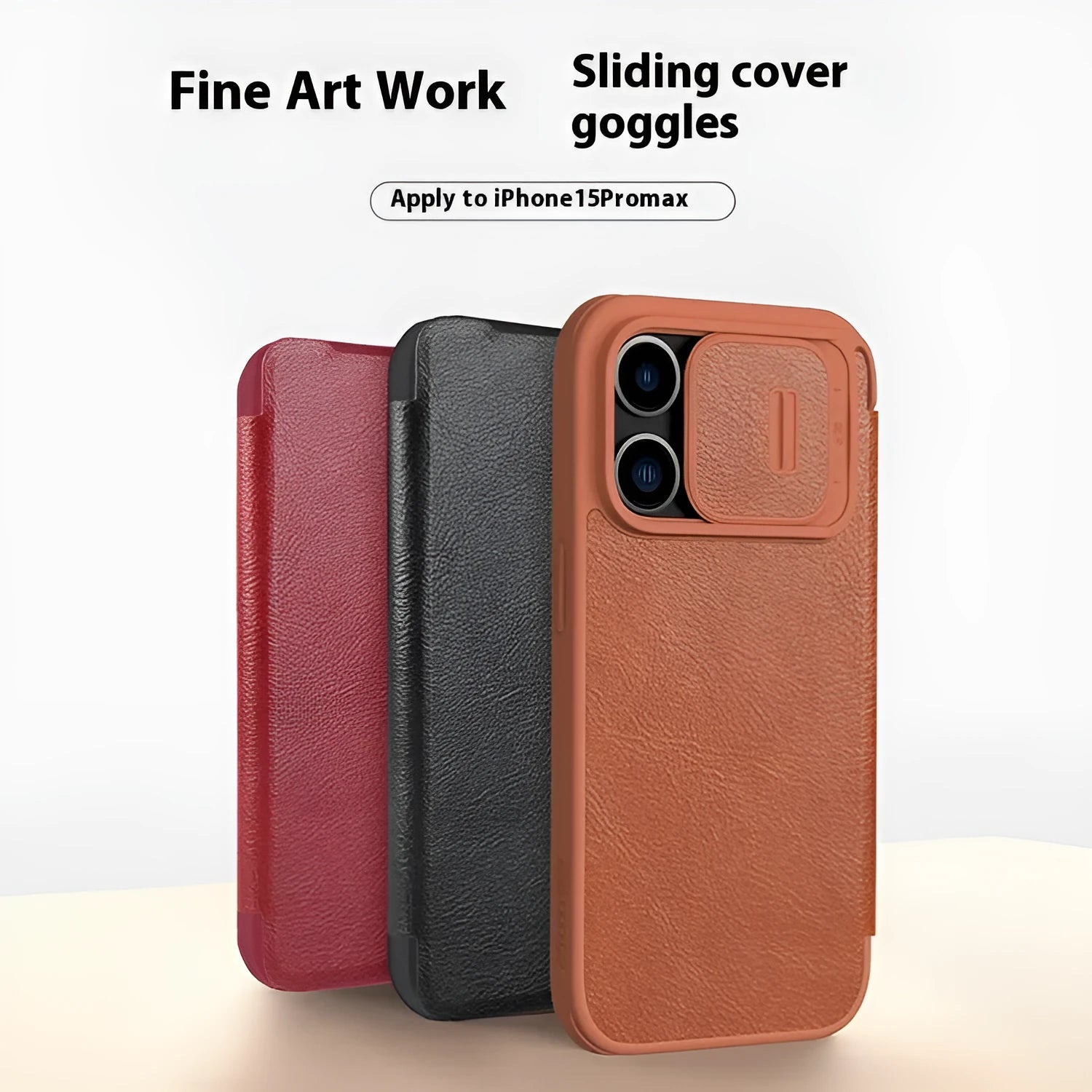 Imitation leather flip phone case for iPhone 15 in black, brown, and red colour options.