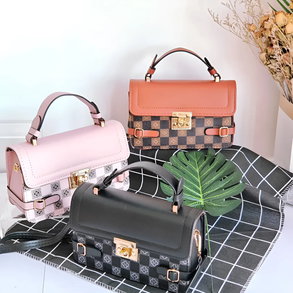 Retro square patterned women's crossbody bag in PU leather showing floral design.