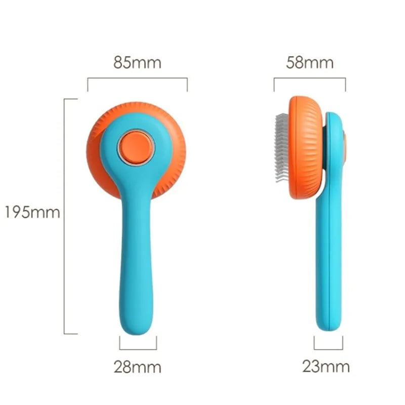 Blue and white self-cleaning slicker brush for grooming cats and dogs on a neutral background.