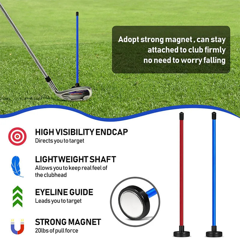 Red aluminium alloy golf swing trainer with magnetic baseball bar alignment tool on a green background.