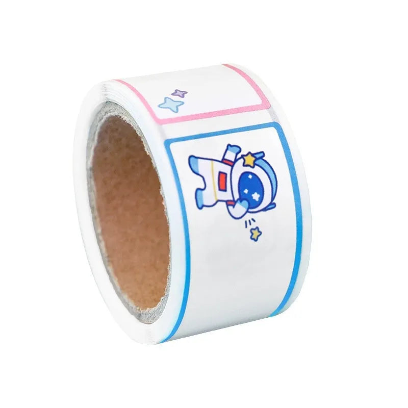 Roll of cartoon name tape stickers showing dinosaur, astronaut, rabbit and girl designs