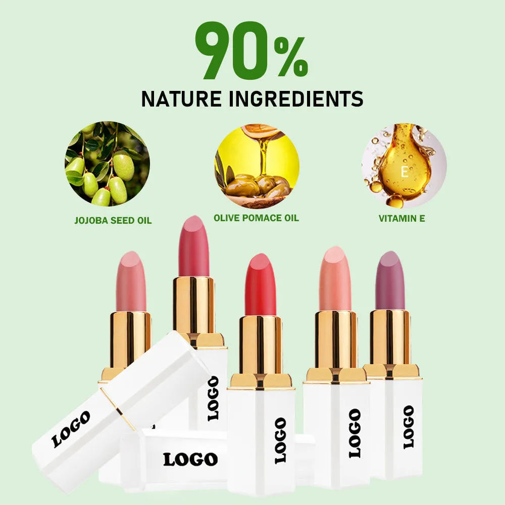 Matte finish lipstick in a tube, shown in one of 24 available waterproof shades.