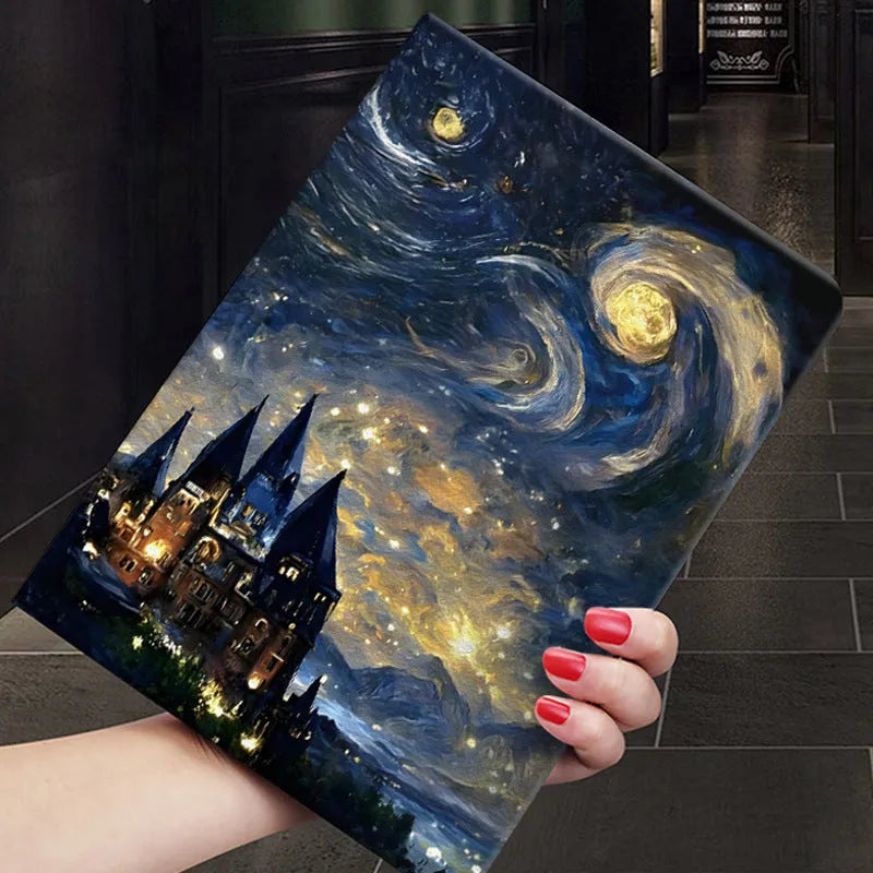 Handmade liquid silicone flip case for iPad with decorative oil painting design of sunflowers.