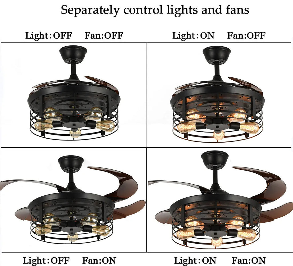 American retro style ceiling fan lamp with invisible retractable blades and acrylic shade, remote control on side.