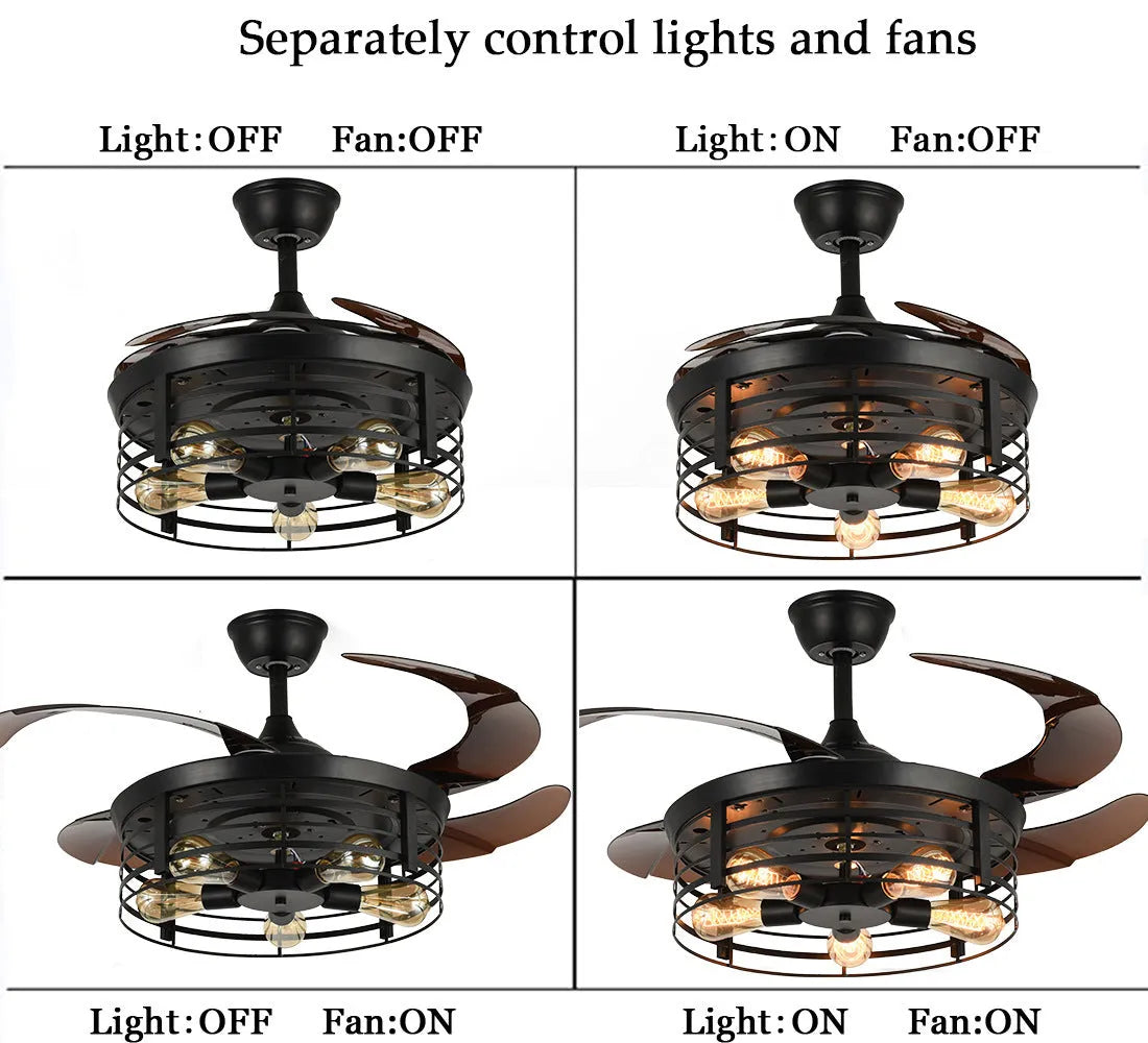 American retro style ceiling fan lamp with invisible retractable blades and acrylic shade, remote control on side.