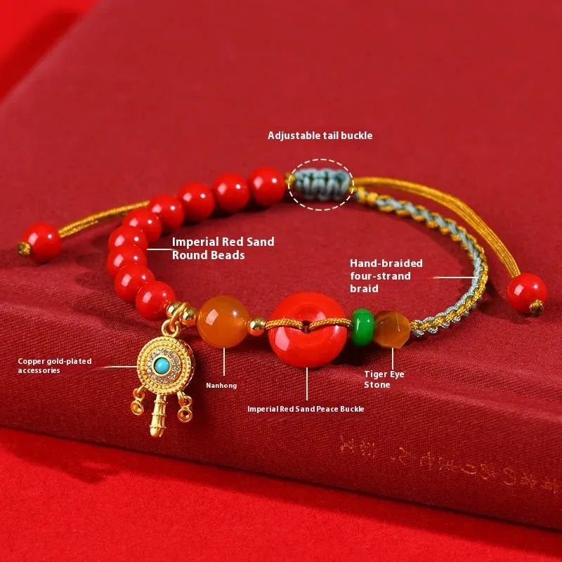 Hand-woven cinnabar peace buckle bracelet in emperor red sand colour with geometric design