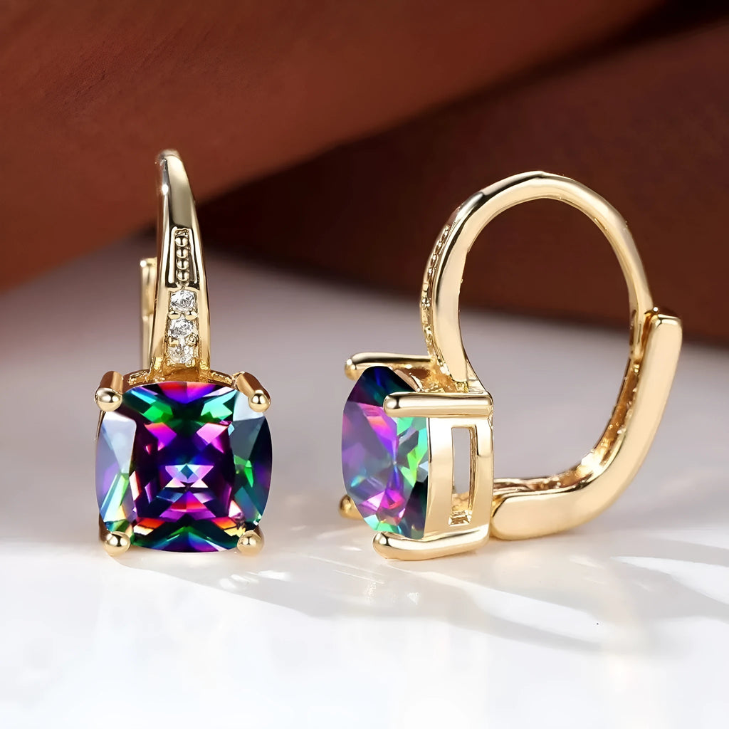 Square geometric ear clip earrings with colourful moissanite stone in gold and silver electroplated finishes