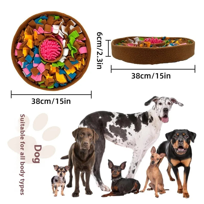 Brown polyester pet smell puzzle mat on floor, with dry treats hidden in folds for nose work