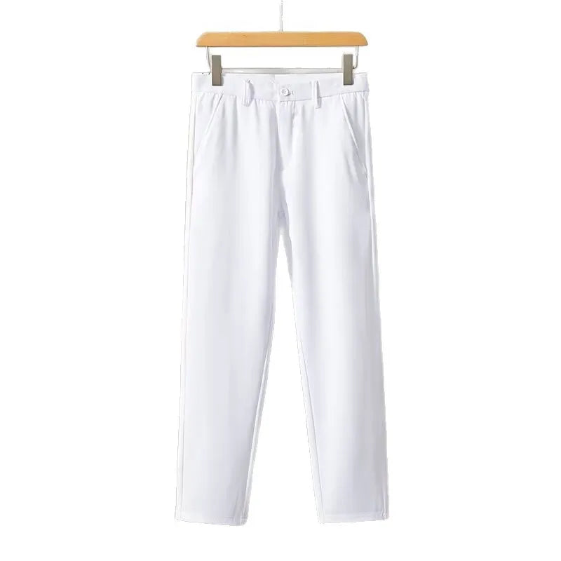 Men's slim-fit straight trousers in polyester, available in black, blue, khaki, dark gray, and light gray, sizes 27 to 38