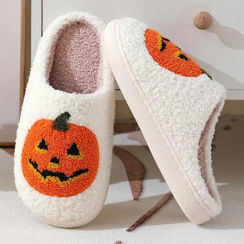 Halloween pumpkin cartoon slippers in white pumpkin colour with suede upper and rubber sole for indoor use