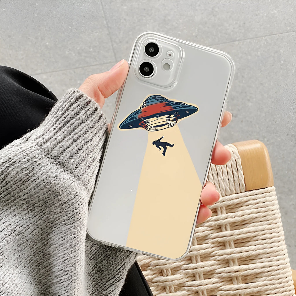 Transparent TPU phone case with UFO astronaut graphic for Apple iPhone