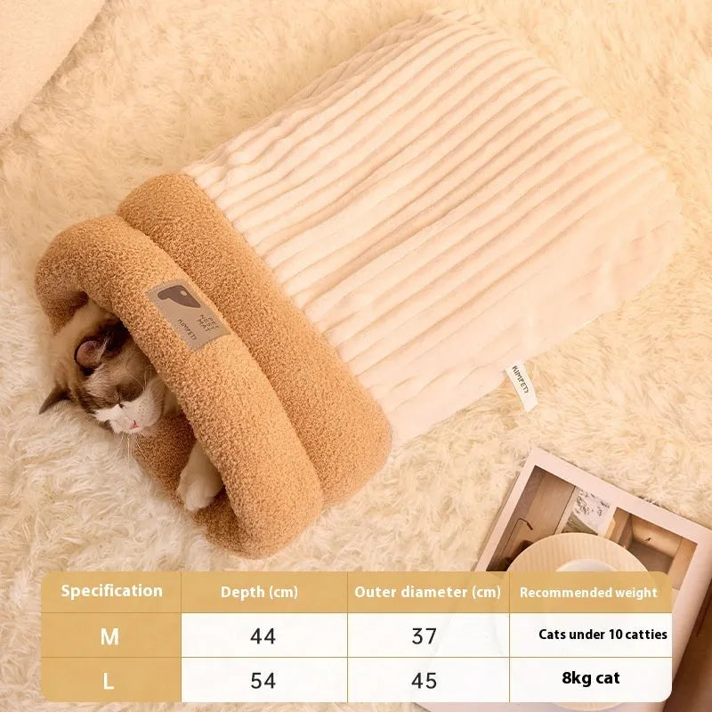 Brown grey or white L M size pet sleeping bag with semi-enclosed design and three-layer warm construction