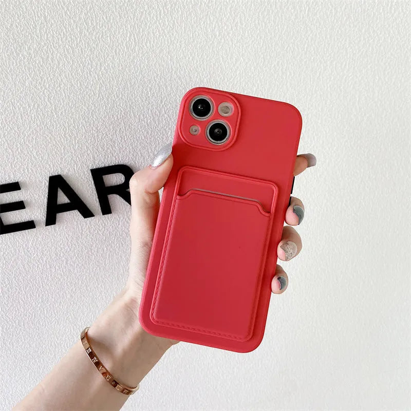 Sky blue colour blocking TPU phone case with a visible card slot for iPhone models.