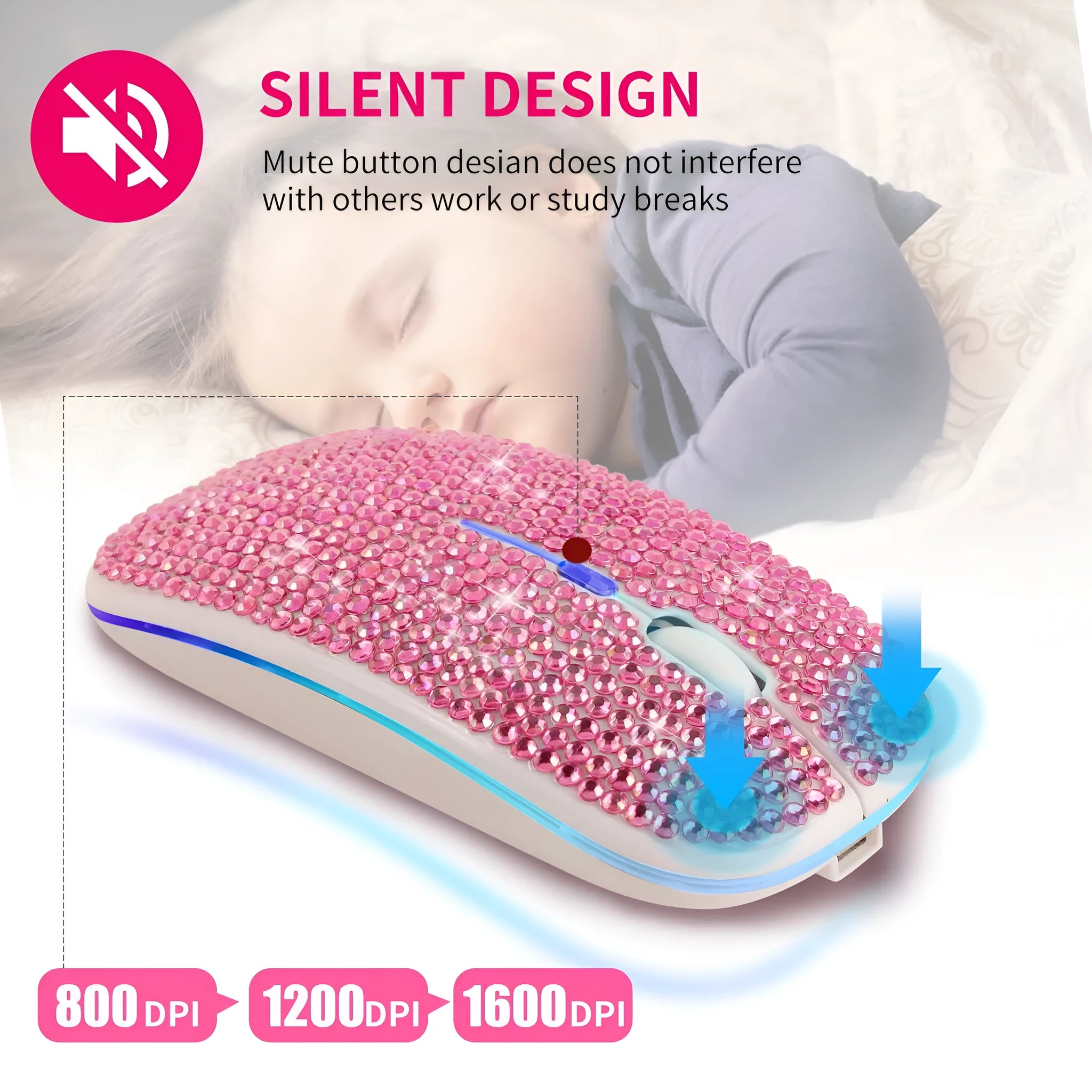 Office rechargeable mute crystal rhinestone mouse with USB receiver, pink colour, 113x60x20mm size
