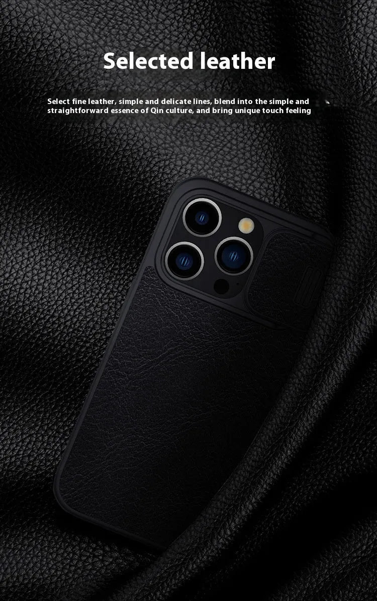 Imitation leather flip phone case for iPhone 15 in black, brown, and red colour options.