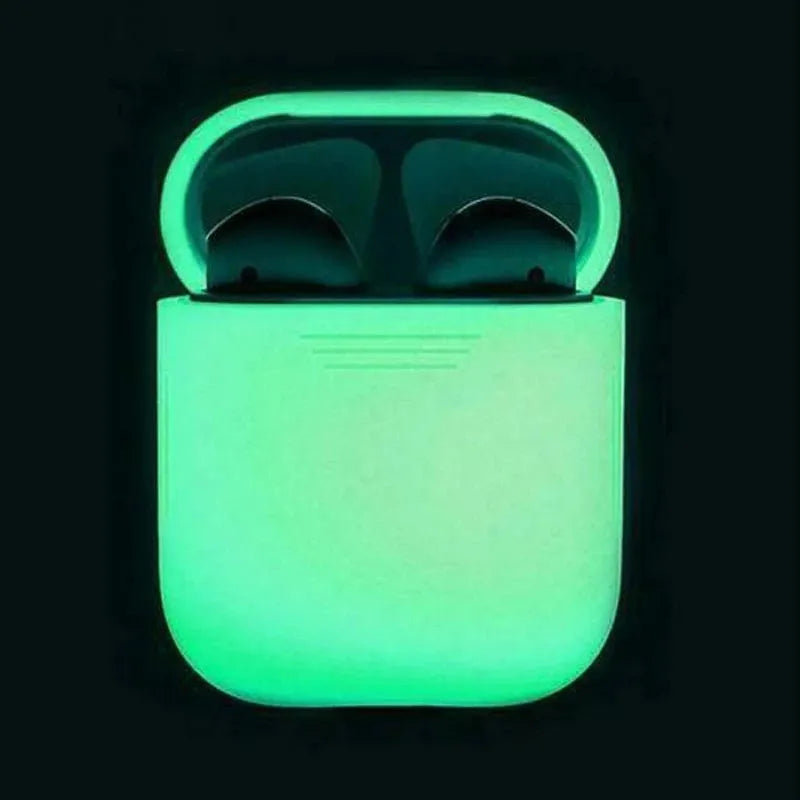 Glow-in-the-dark silicone flip-top protective case for Apple AirPods on a dark background