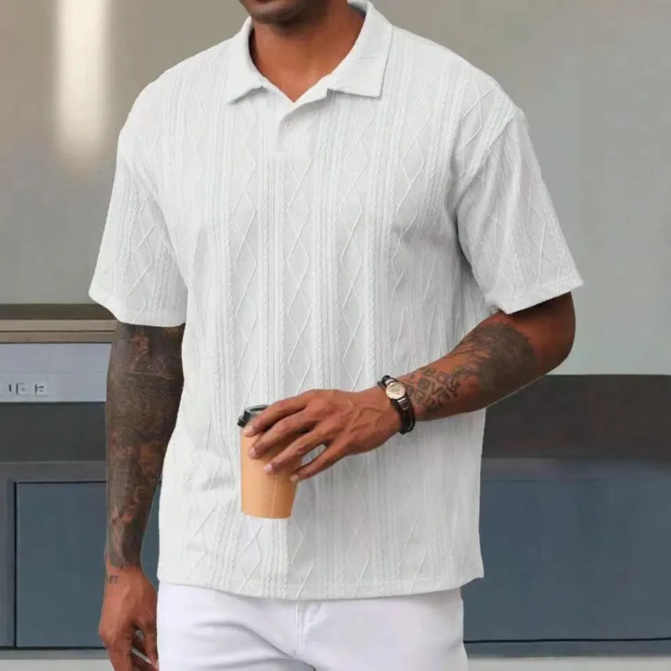 Retro button lapel short sleeve t-shirt in cotton blend fabric with loose fit design