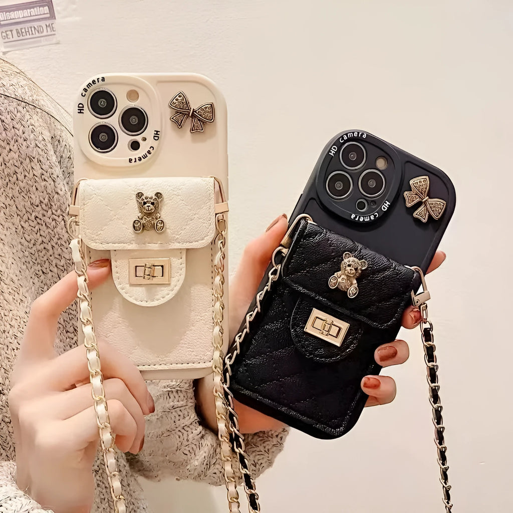 Metal bow bear rhombus silicone phone case for Apple iPhone with card holder and black lanyard