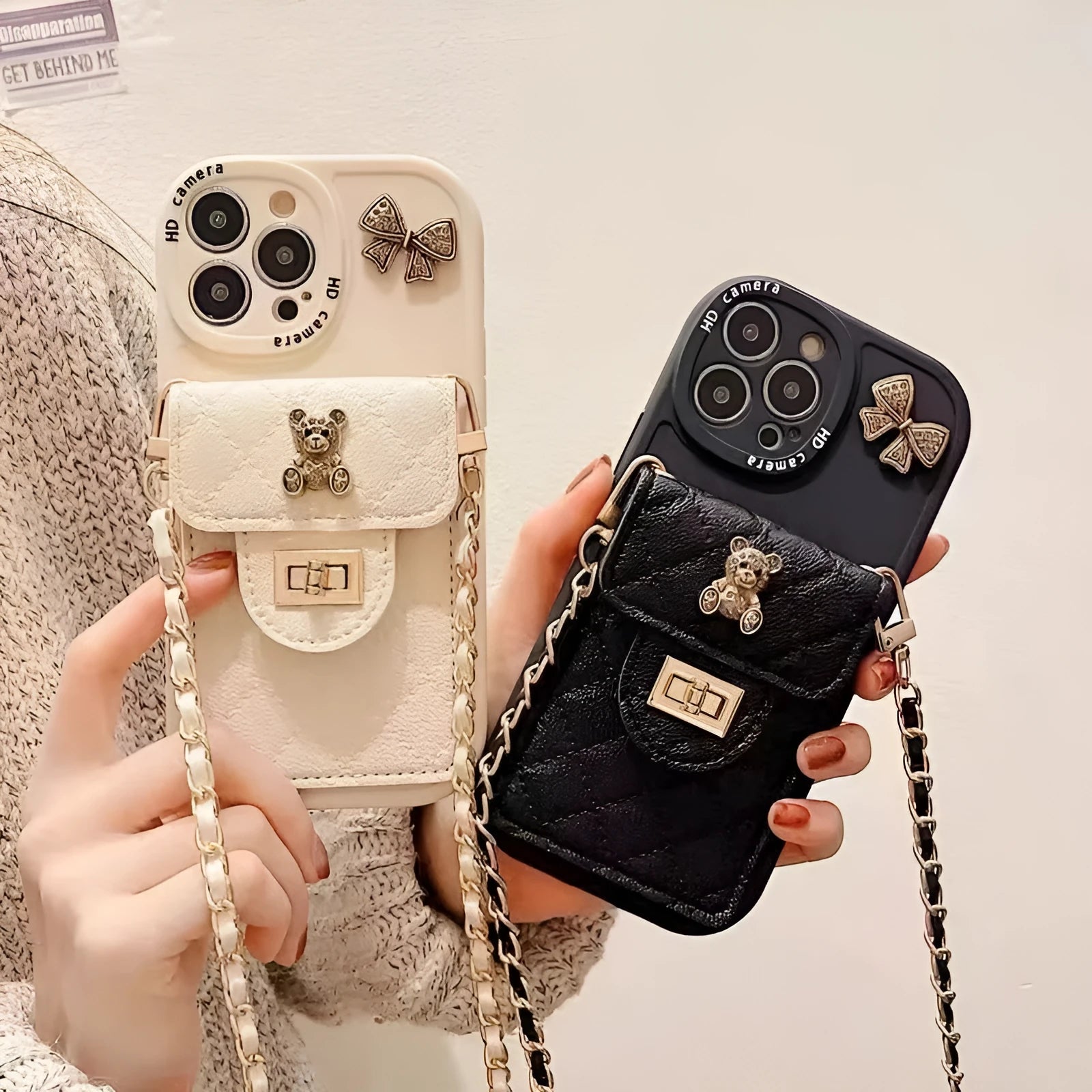 Metal bow bear rhombus silicone phone case for Apple iPhone with card holder and black lanyard