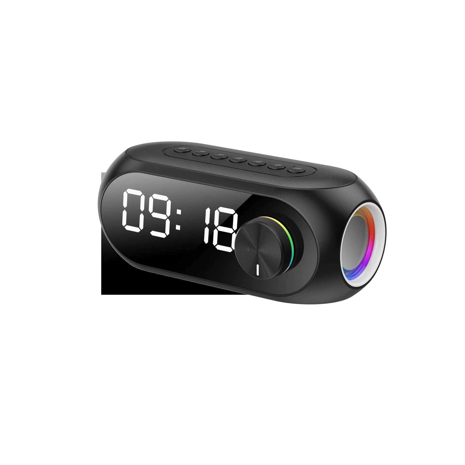 S8 Black extra bass portable mini bluetooth speaker with digital clock display on front.